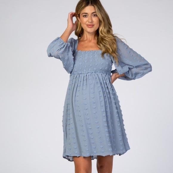 Light Blue Textured Dot Smocked Square Neck Chiffon Maternity Dress - Picture 1 of 6